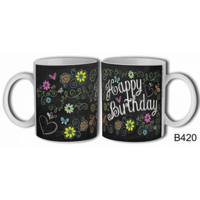 Bögre - Happy Birthday - Fekete, virágos