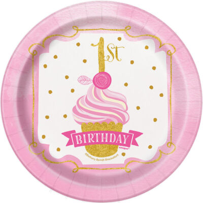 First Birthday Pink és Arany - Első Szülinapi Parti Tányér - 17 cm, 8 db-os