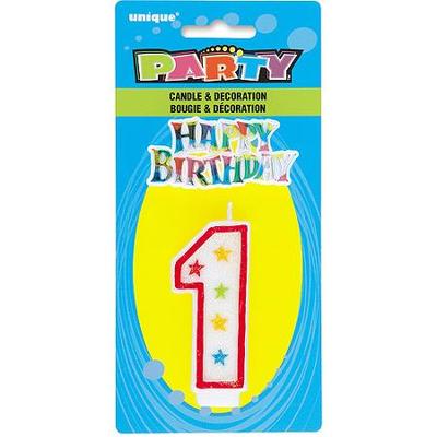 Csillámos Csillagos 1-es számgyertya és Happy Birthday Tortadísz