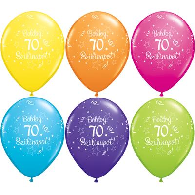 Boldog 70. Szülinapot Felíratú Csillag Mintás Vegyes Színű Szülinapi Lufi, 6 db-os, 28 cm